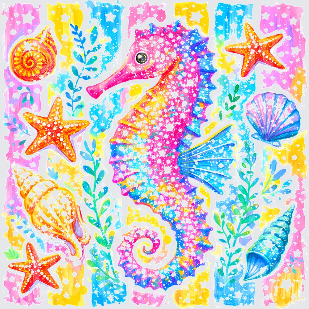 Rainbow Seahorse with Starfish and Seashells Ocean Scene (DTF)