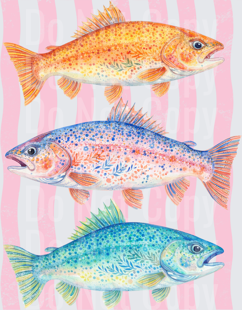 Watercolor Trout Fish Trio on Pink Striped Background (DTF)