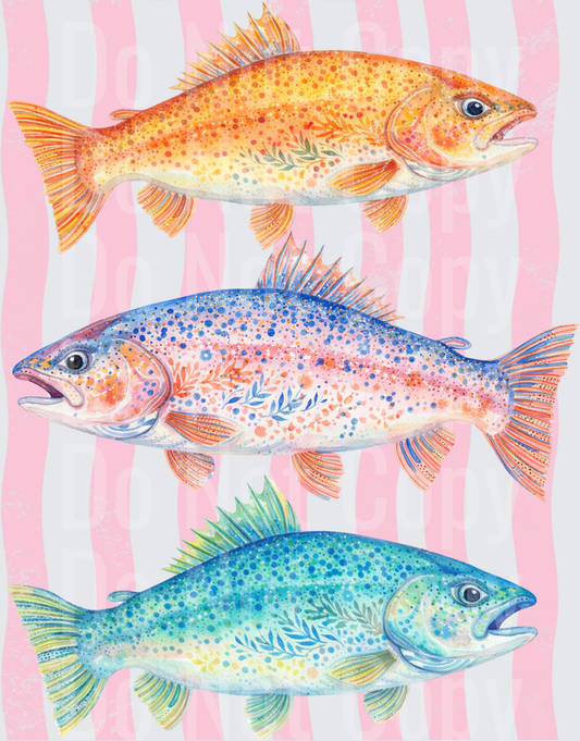 Watercolor Trout Fish Trio on Pink Striped Background (DTF)