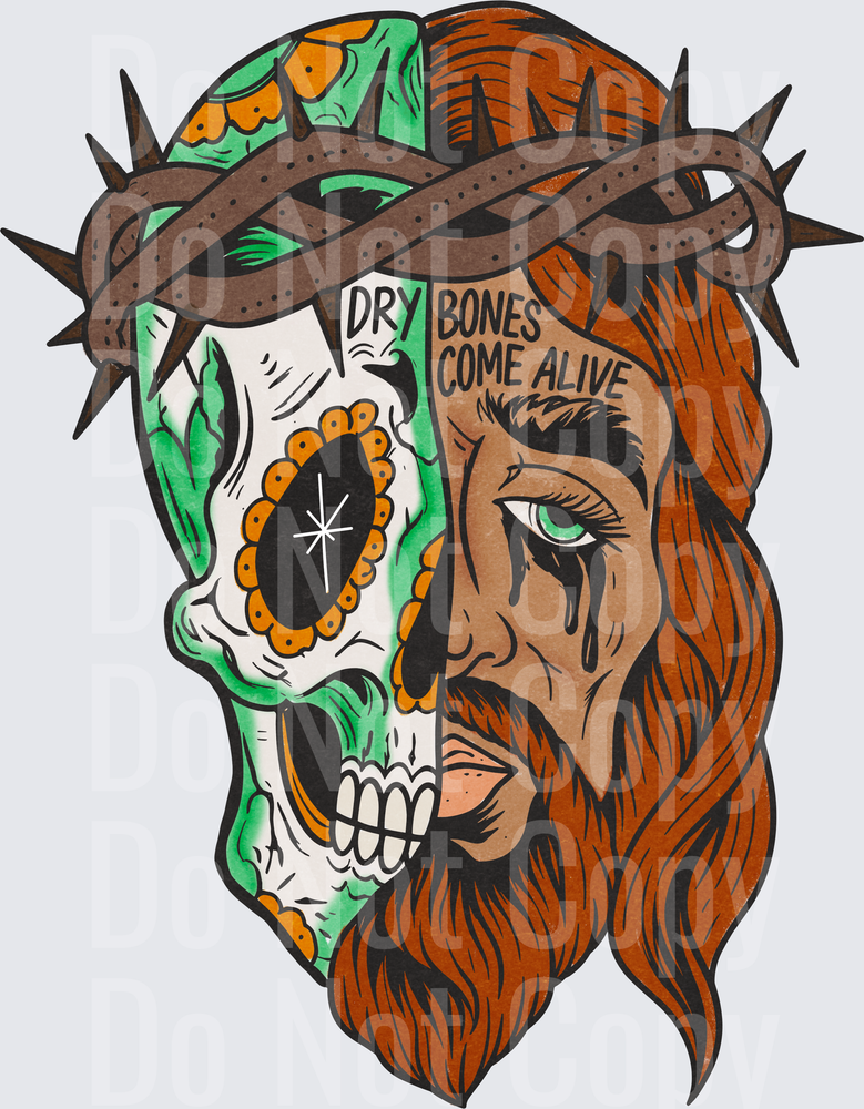 Half Sugar Skull Half Bearded Christ Crown of Thorns Dry Bones Come Alive (DTF)