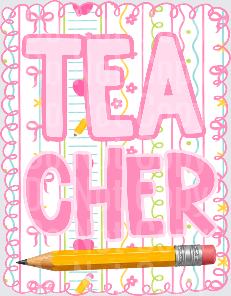 Pink Teacher Bold Text Pencil Whimsical Stripe Design (DTF)