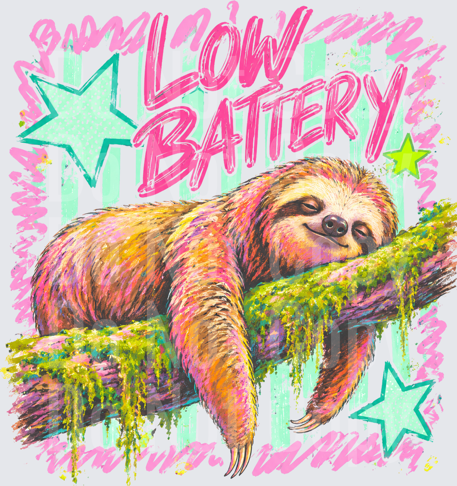 Low Battery Sleepy Sloth on Mossy Branch Stars (DTF)