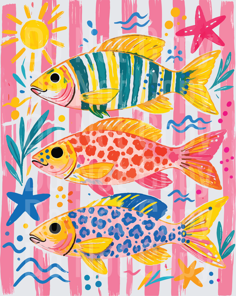 Colorful Tropical Fish Swimming with Starfish and Sun Ocean Scene (DTF)