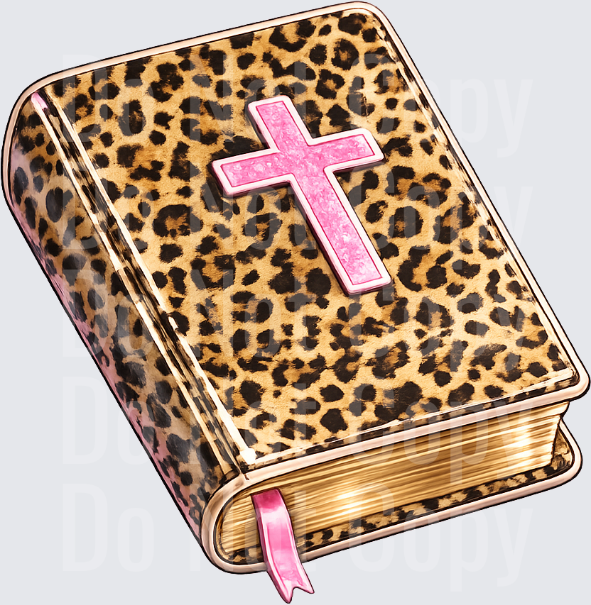 Leopard Print Bible with Pink Cross and Ribbon Bookmark (DTF)
