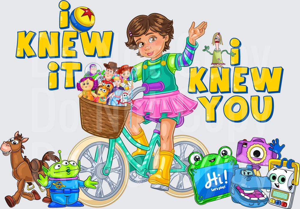 Toy-Loving Girl on Bike with Animated Toy Characters DTF
