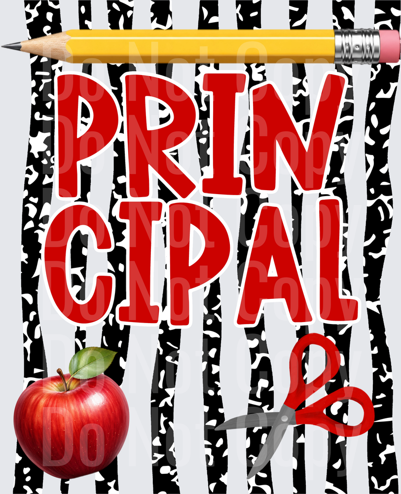 Principal Bold Red Text Pencil Apple Scissors Zebra Print (DTF)