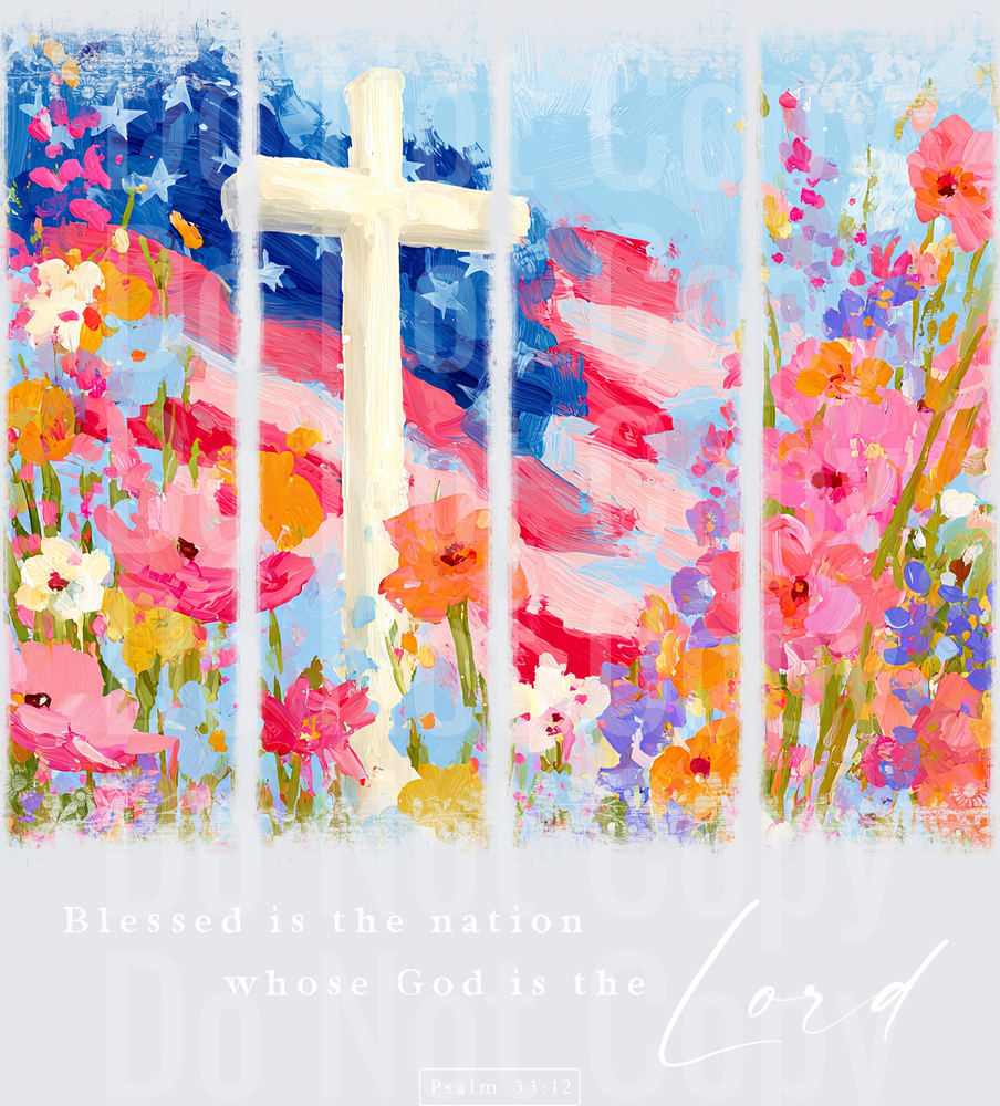 White Cross with Colorful Wildflowers and American Flag Background (DTF)