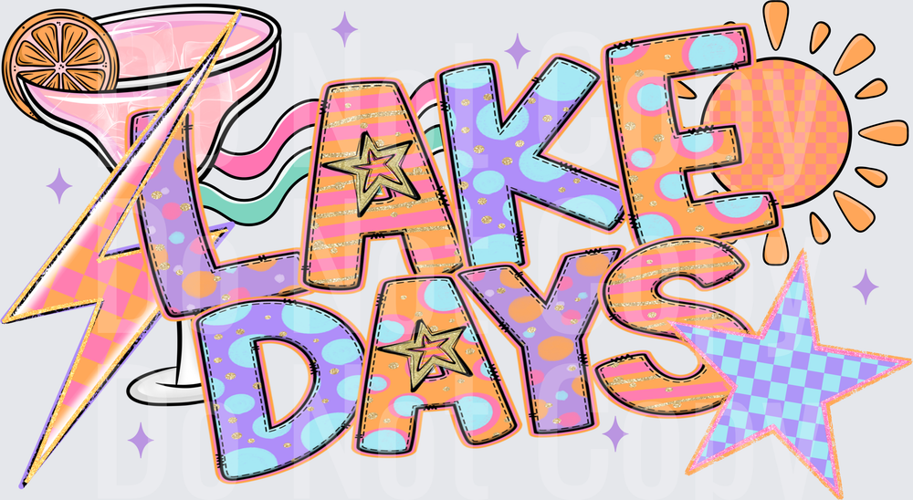Lake Days Retro Groovy Text with Cocktail Glass and Lightning Bolt (DTF)