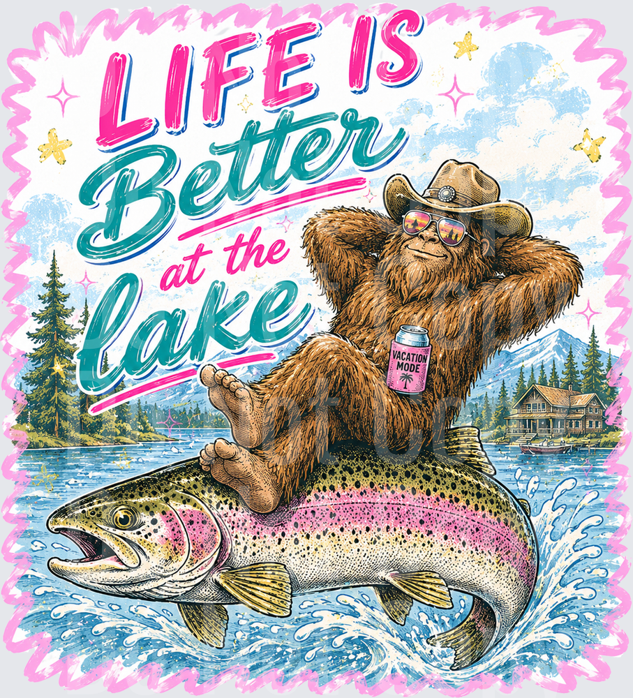 Life Is Better At The Lake Bigfoot Cowboy Riding Trout (DTF)
