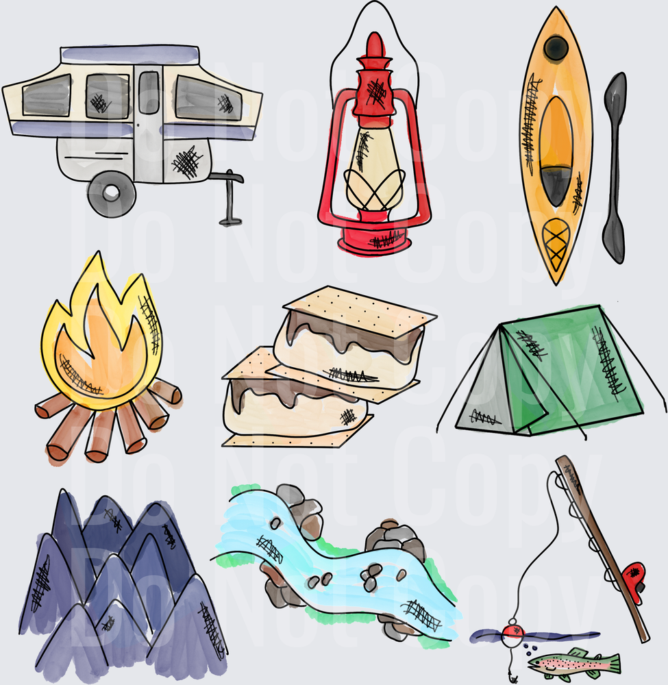 Camping Adventure Icons Collection with Trailer Tent Kayak Lantern Campfire Mountains ( DTF)