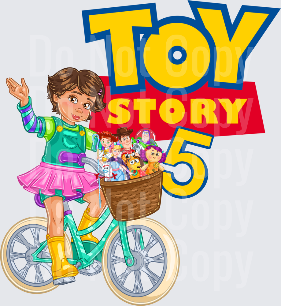 Animated Girl on Teal Bike with Toy Basket Movie Logo (DTF)