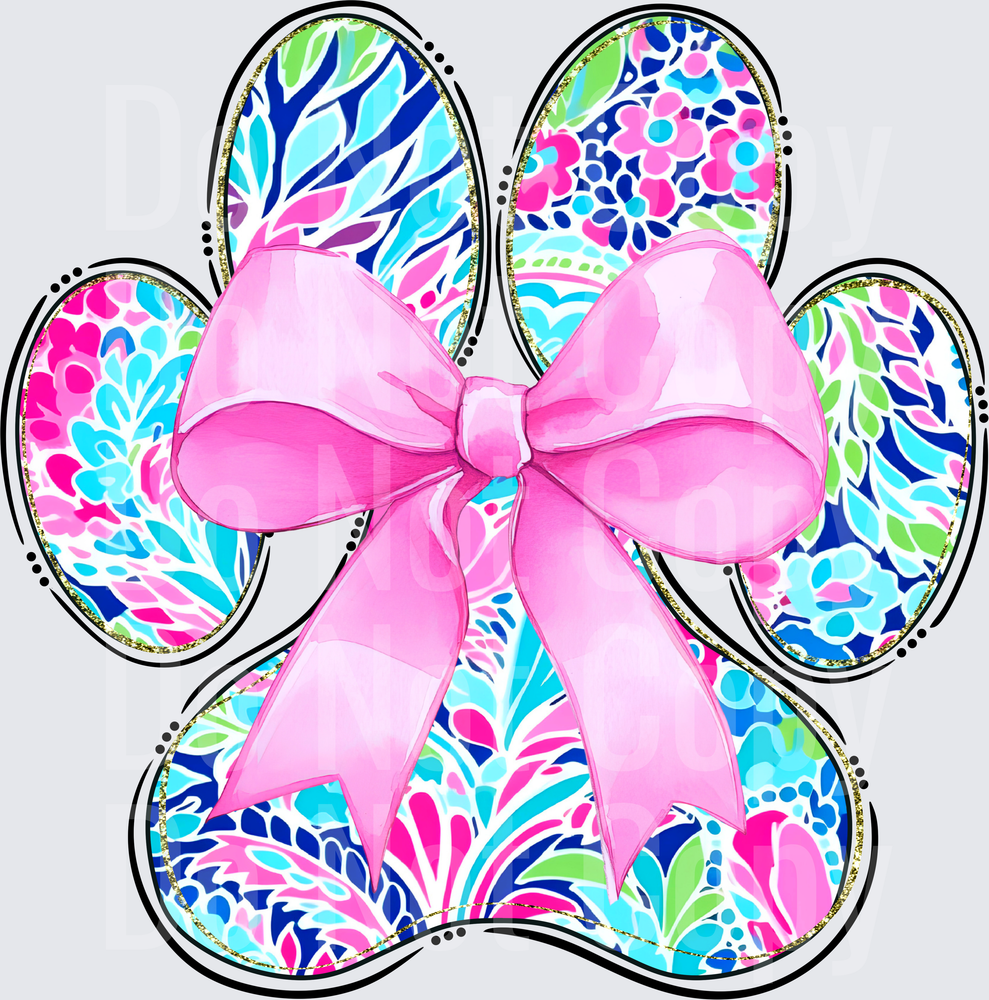 Floral Paw Print with Pink Bow Preppy Pattern (DTF)