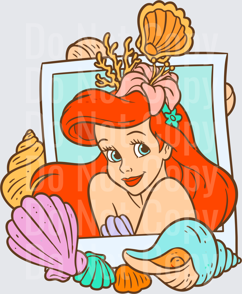 Red-Haired Mermaid Princess Polaroid with Seashells (DTF)