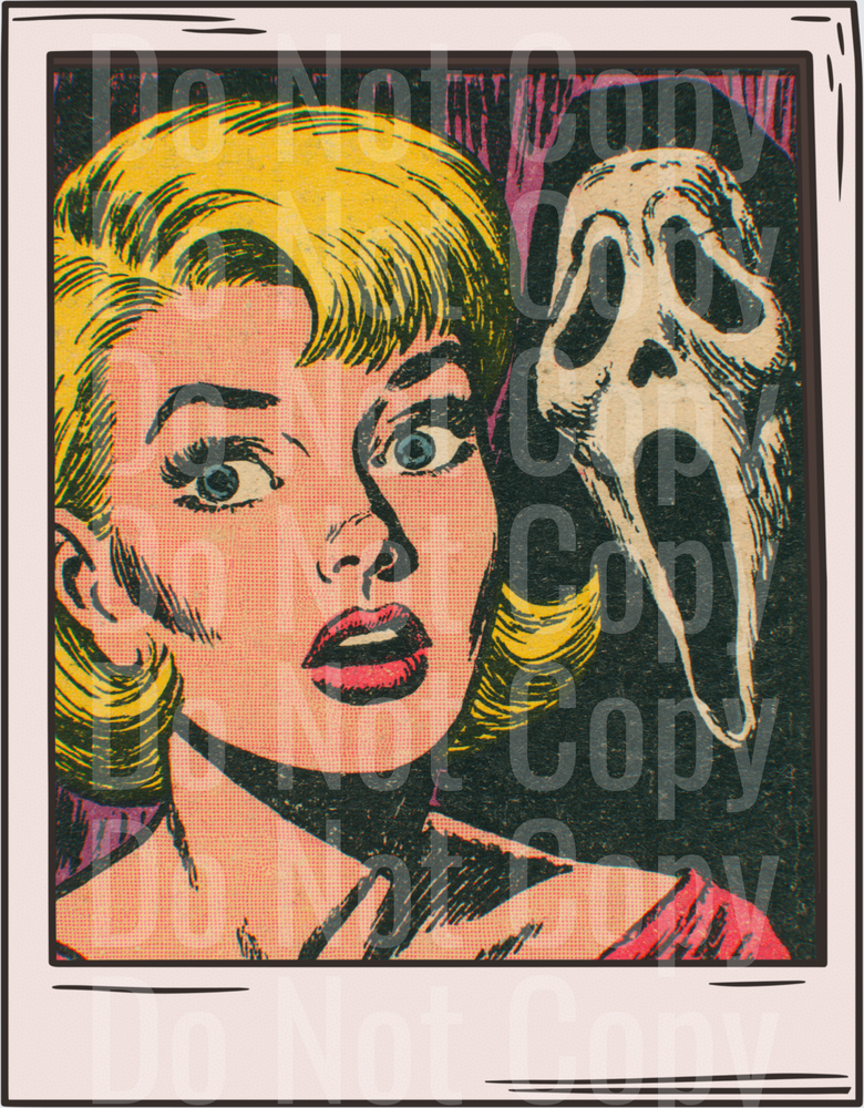 Retro Comic Blonde Woman Terrified by Ghost Mask (DTF)