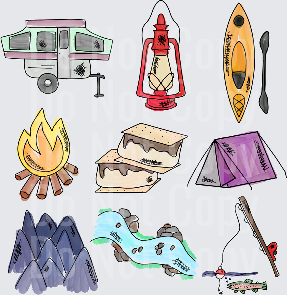 Camping Adventure Elements Collection with Kayak Lantern Tent Fire Mountains (DTF)
