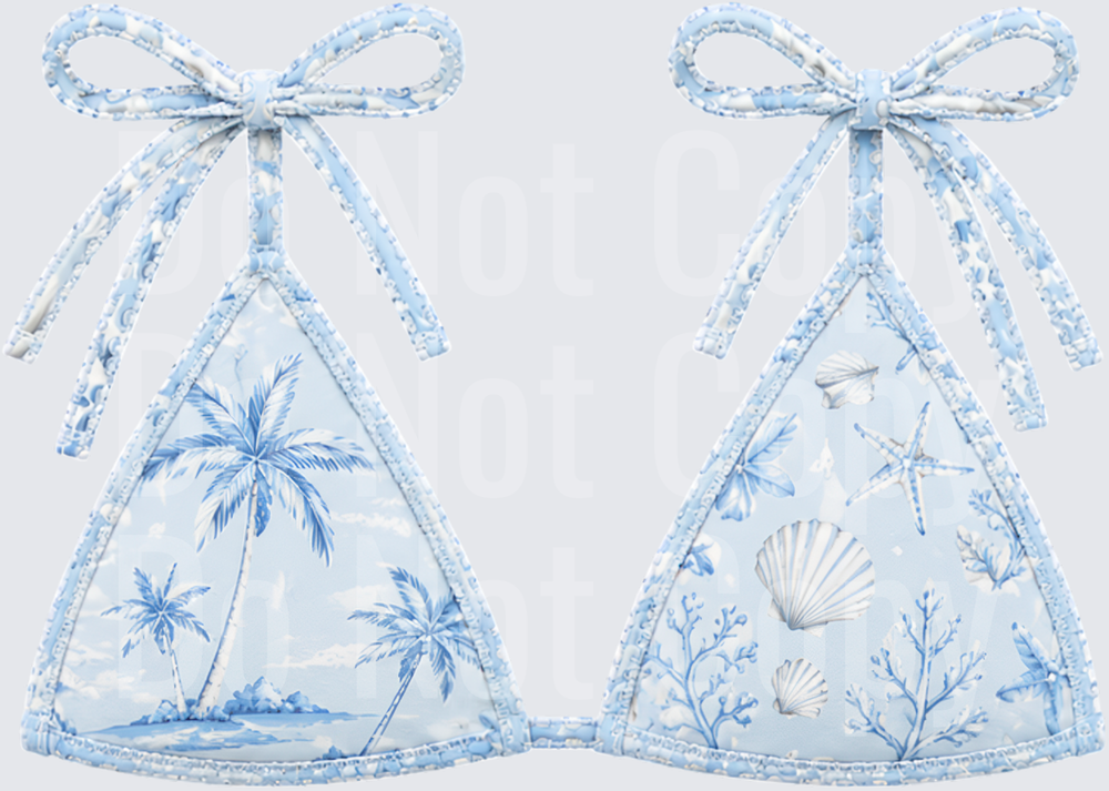 Blue Toile Bikini Top with Palm Trees and Seashells (DTF)