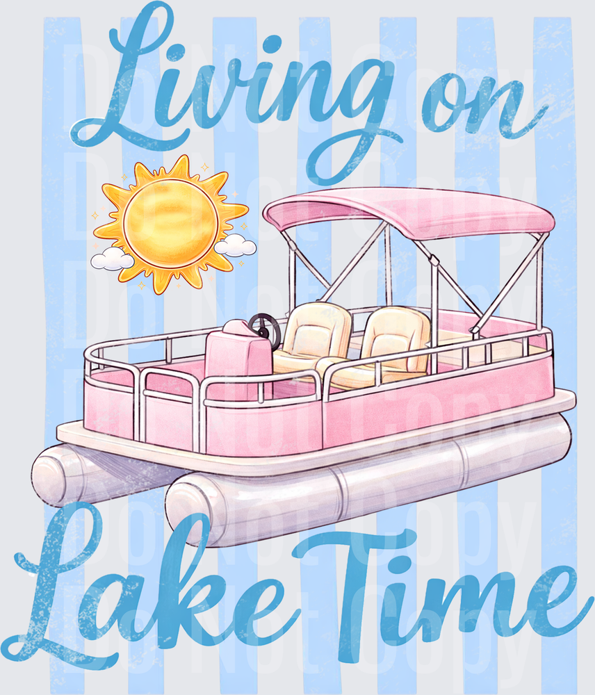 Living on Lake Time Pink Pontoon Boat with Sun and Blue Stripes (DTF)