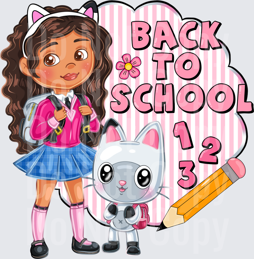 Curly Hair Girl with Cat Ears and Kitten Back To School (DTF)