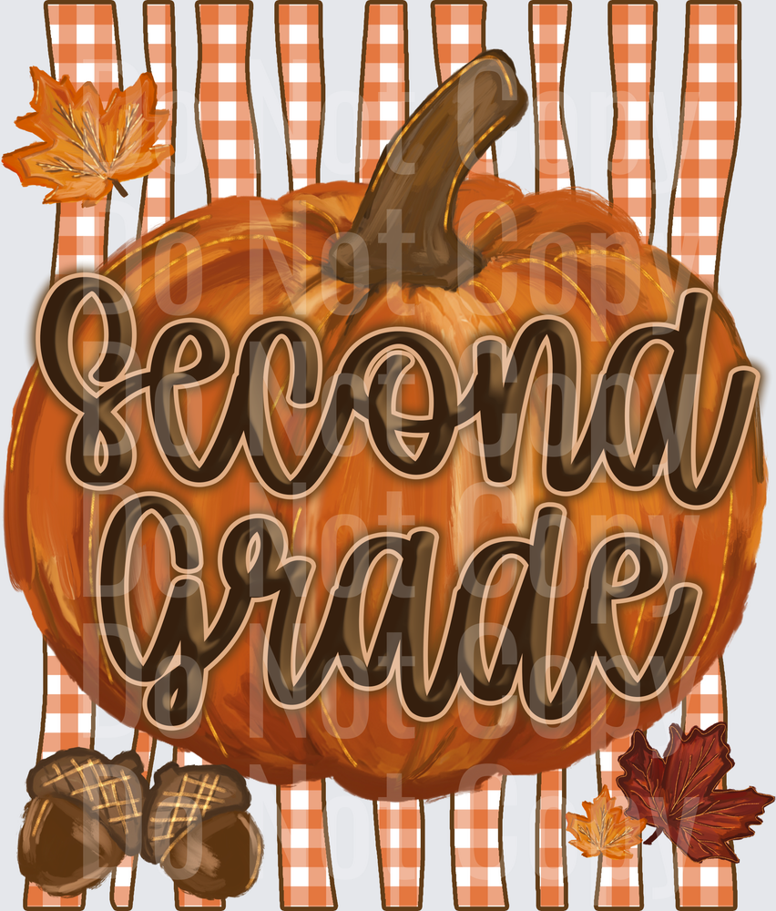 Second Grade Fall Pumpkin with Plaid and Autumn Leaves (DTF)