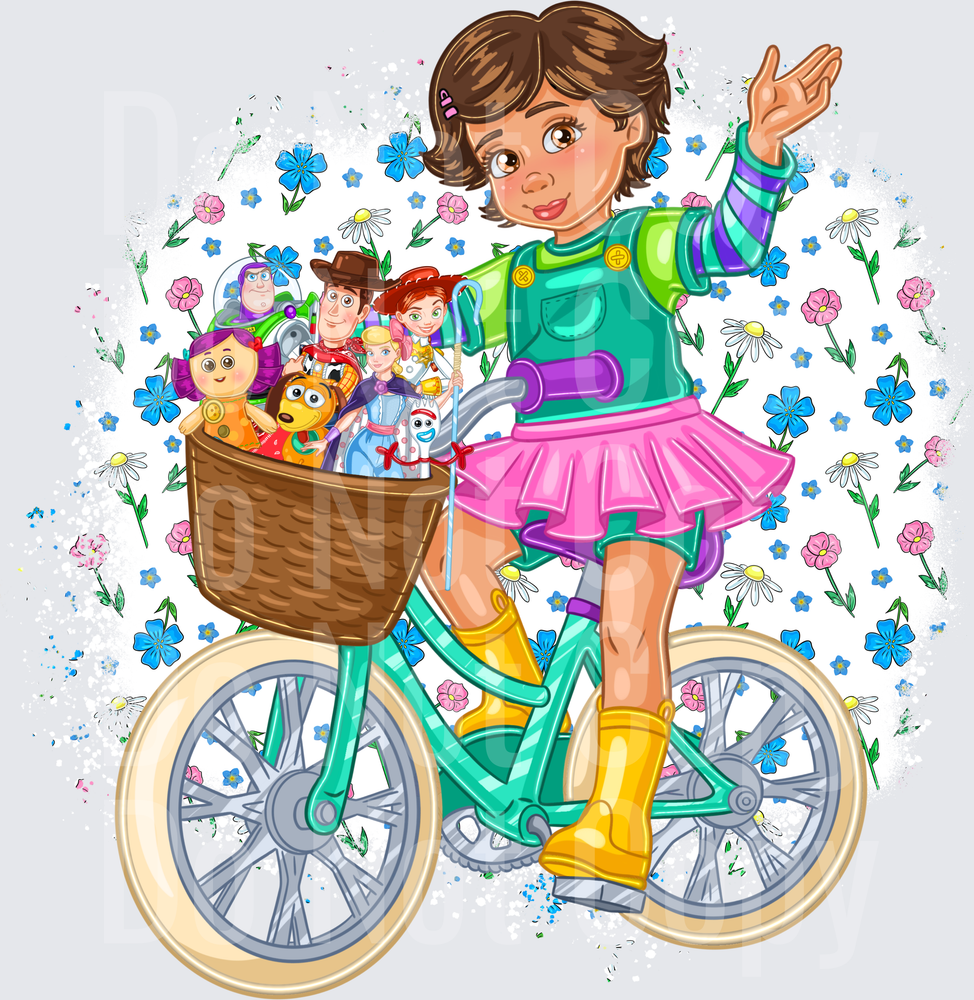 Cute Girl Riding Teal Bike With Toy-Filled Basket (DTF)