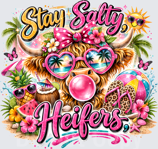Stay Salty Heifers Highland Cow Summer Beach Tropical Design (DTF)