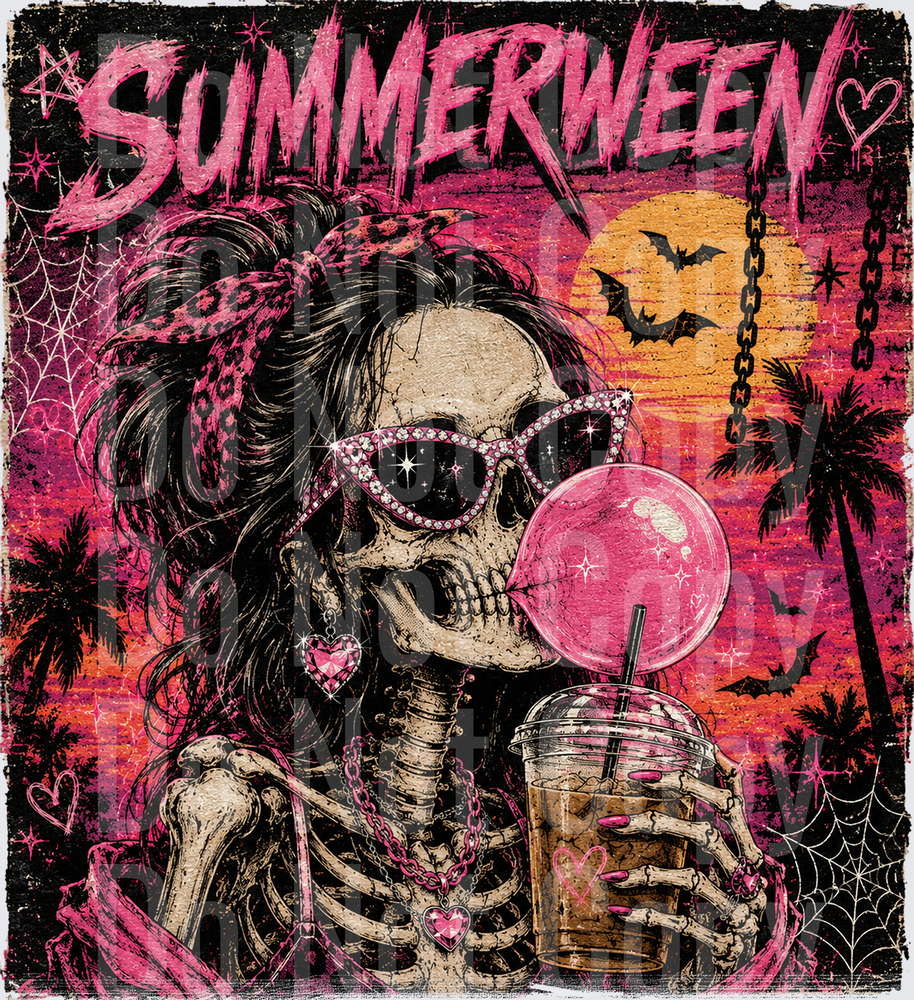 Summerween Skeleton Girl Iced Coffee Sunset Bats (DTF)