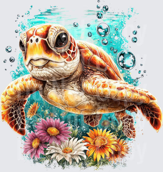 Watercolor Sea Turtle Swimming with Bubbles and Wildflowers (DTF)