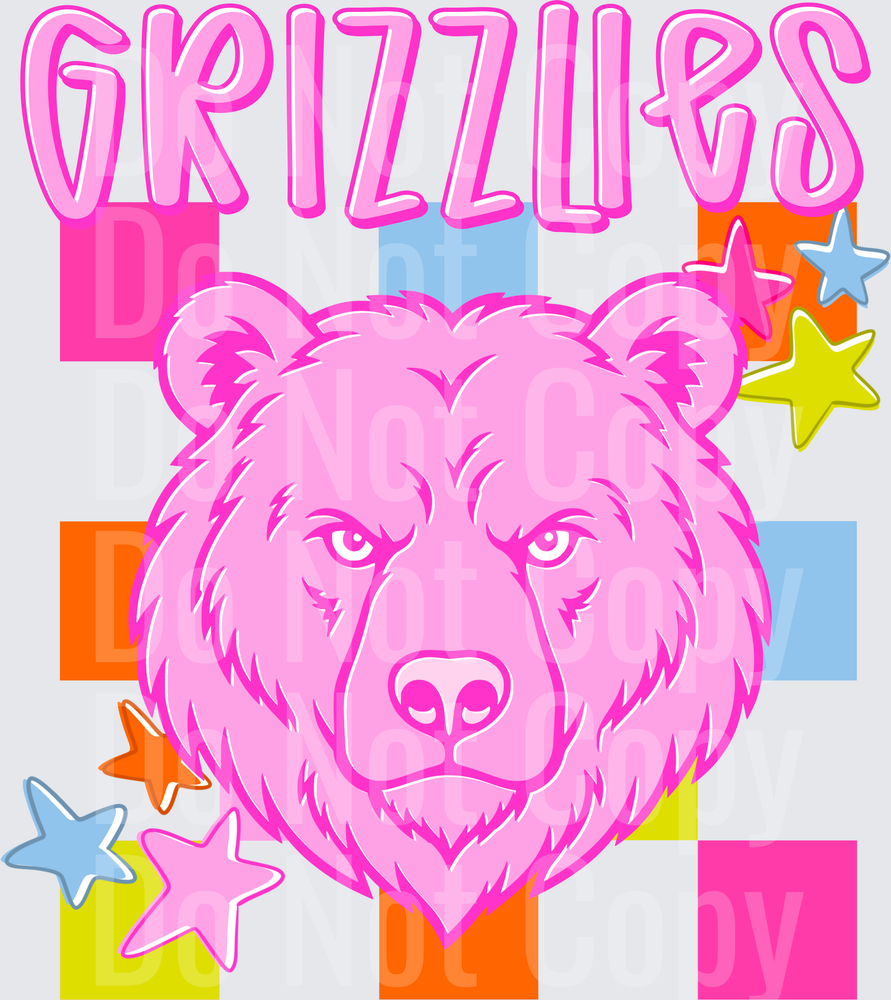 Pink Grizzlies with Colorful Stars and Geometric Blocks (DTF)