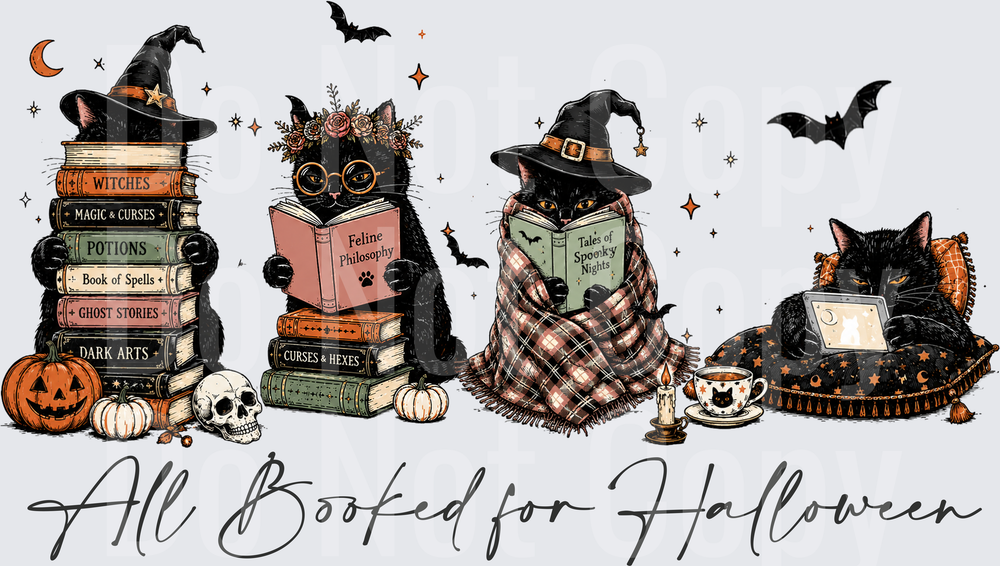 All Booked for Halloween Black Cats Reading Witchy Books (DTF)