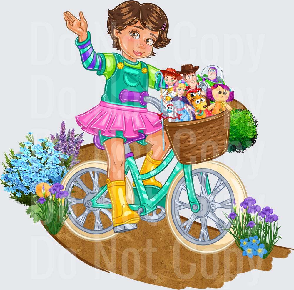 Cute Girl on Teal Bike with Toy-Filled Basket and Flowers (DTF)
