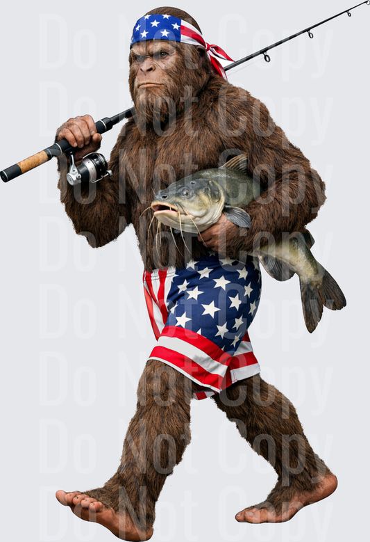 Patriotic Bigfoot Fishing with American Flag Outfit Holding Bass - DTF