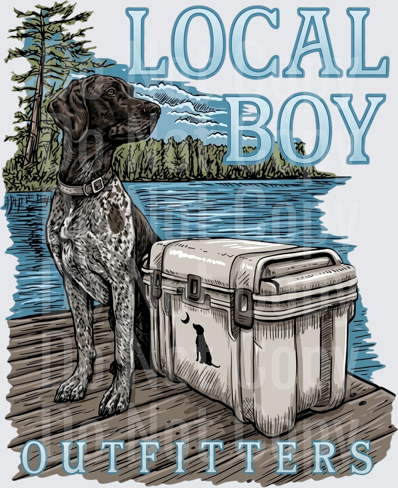Local Boy Outfitters Hunting Dog with Cooler Lake Scene (DTF)