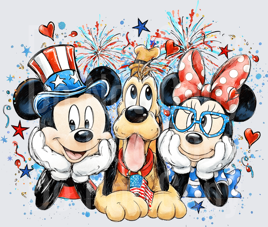 Patriotic Mouse Characters with Uncle Sam Hat and Fireworks Celebration (DTF)