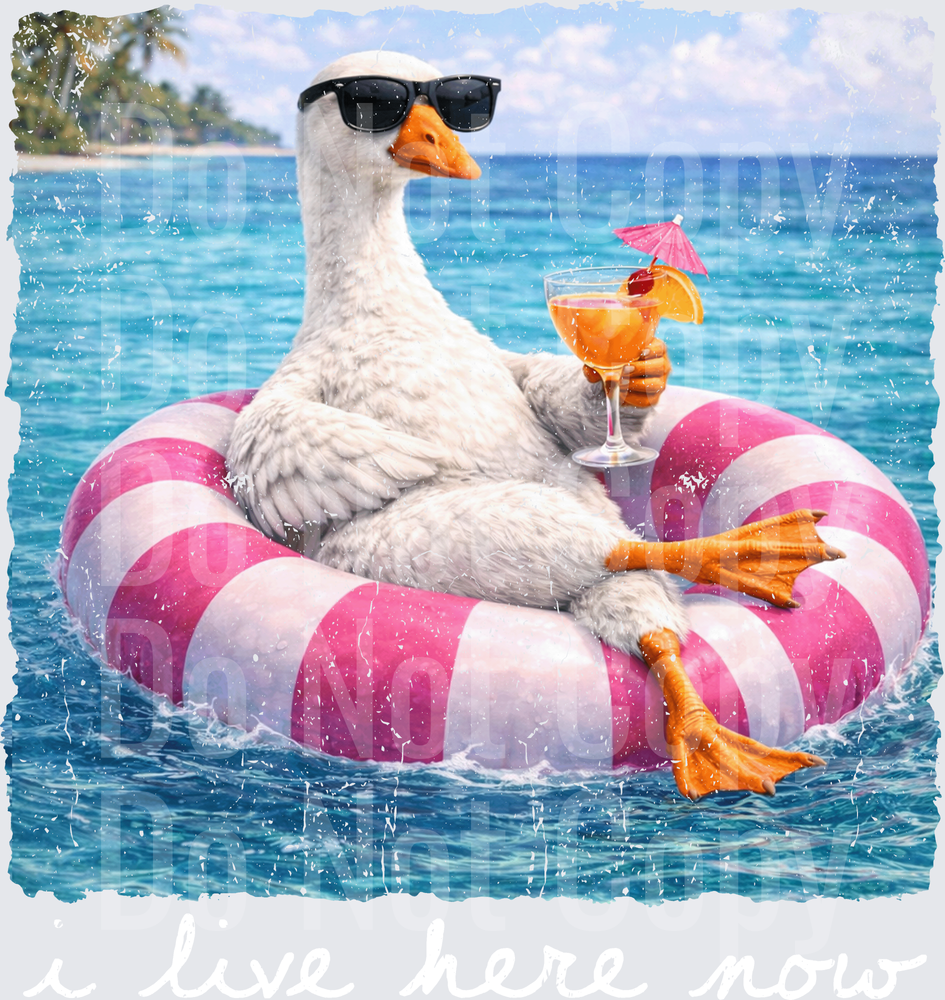 Cool Goose with Sunglasses on Pool Float Holding Tropical Drink (DTF)