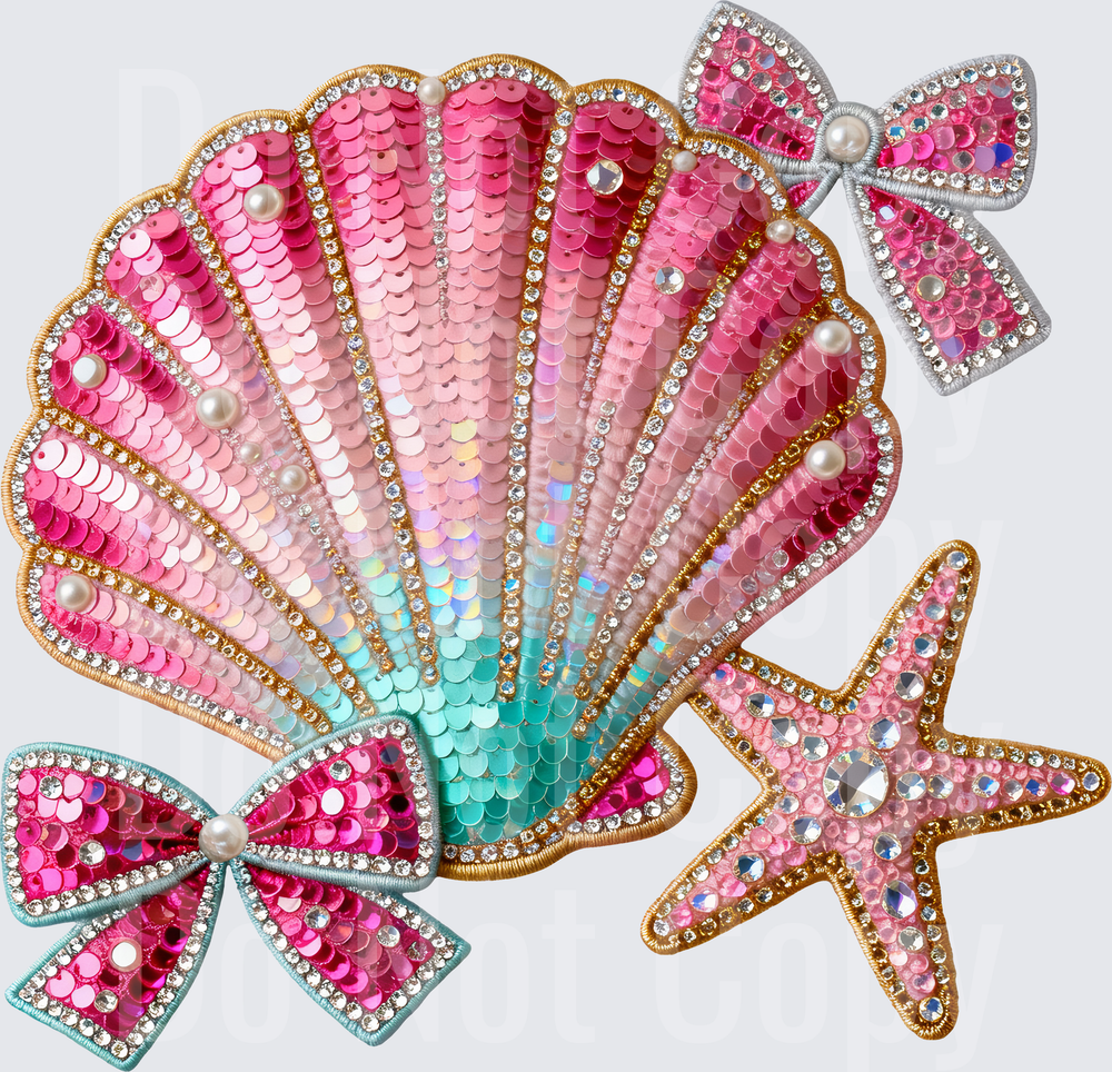 Sparkly Sequined Seashell Starfish and Bow Ocean Theme (DTF)