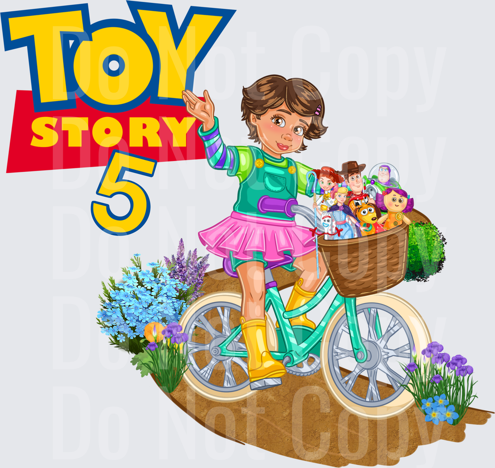 Animated Girl on Teal Bike with Toy-Filled Basket (DTF)