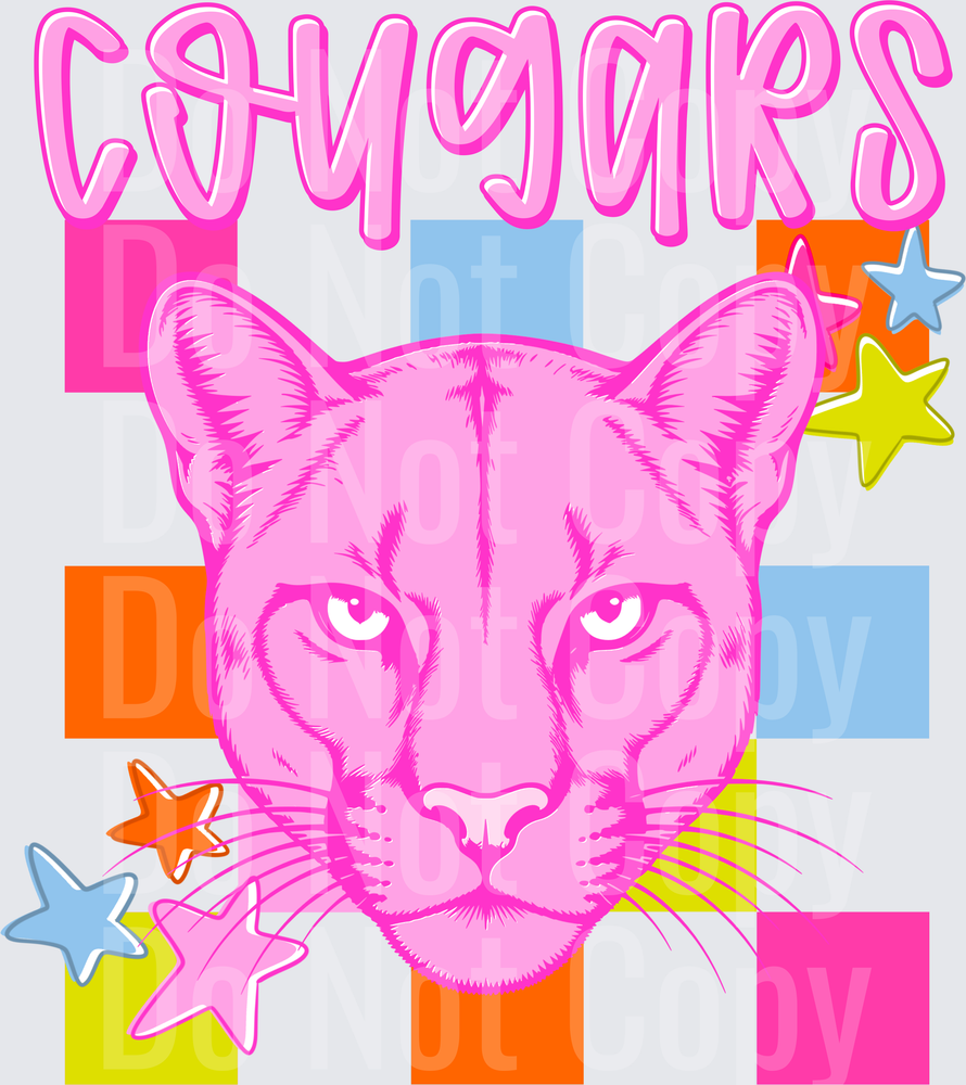 Pink Cougars with Colorful Stars and Geometric Blocks (DTF)