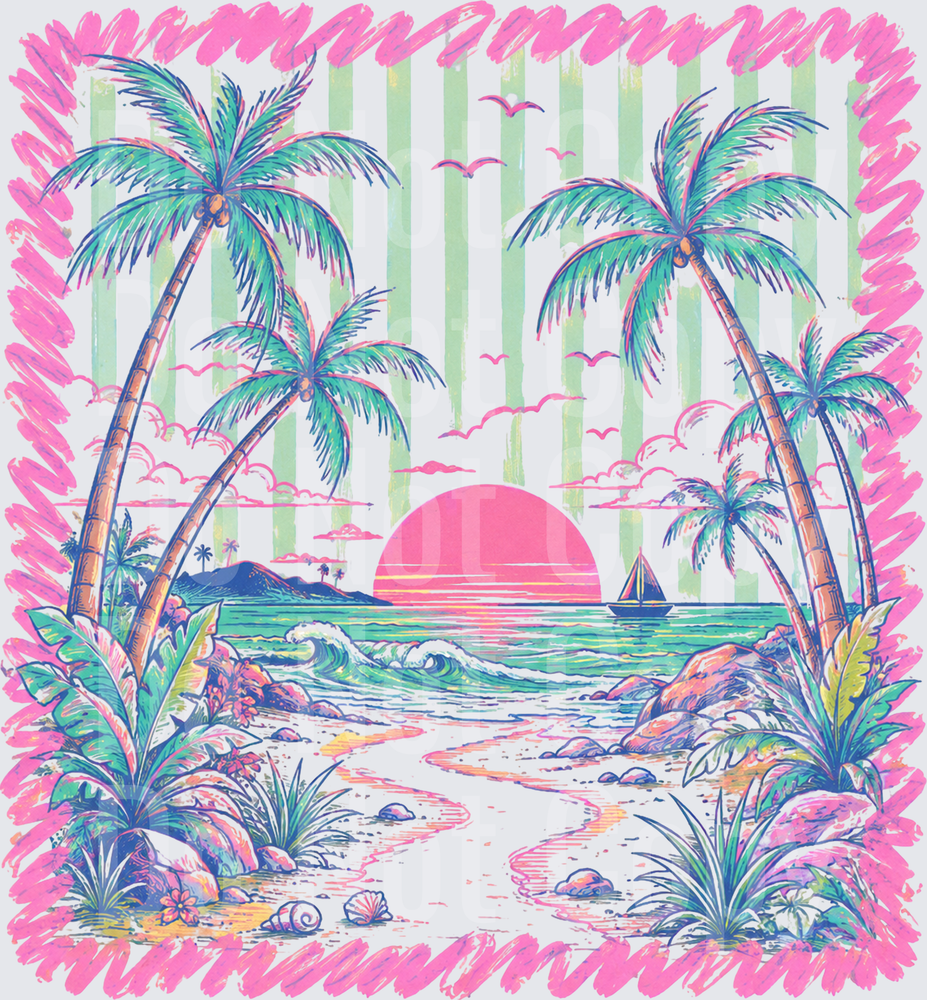 Retro Pink Tropical Beach Sunset Palm Trees Ocean (DTF)