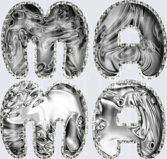 Silver Liquid Metal Mama Letters with Glitter Border - DTF