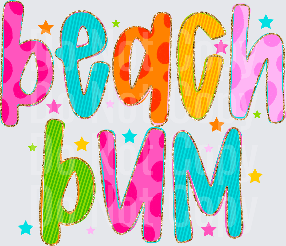 Colorful Beach Bum Text with Stars and Polka Dots (DTF)
