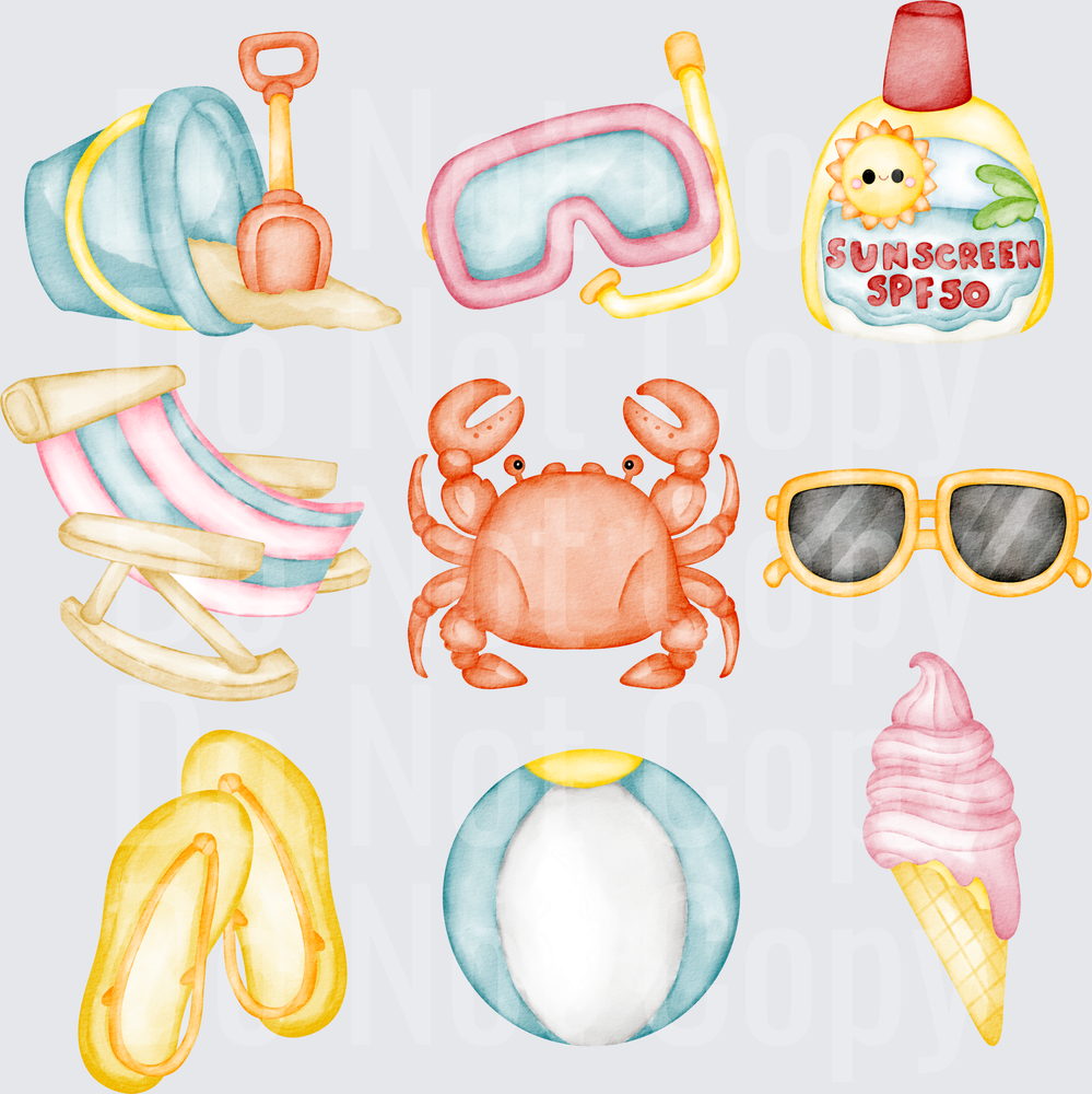 Watercolor Summer Beach Vacation Elements Collection (DTF)