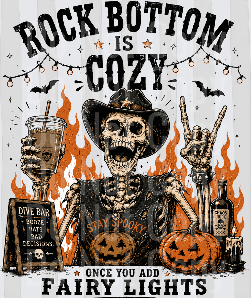 Rock Bottom Is Cozy Cowboy Skeleton Stay Spooky Halloween (DTF)