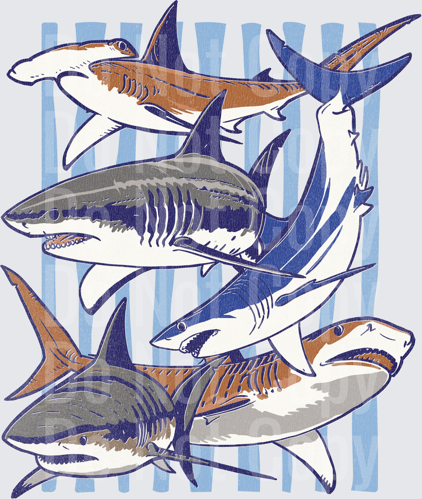 Ocean Sharks Swimming Collection Blue Striped Background (DTF)