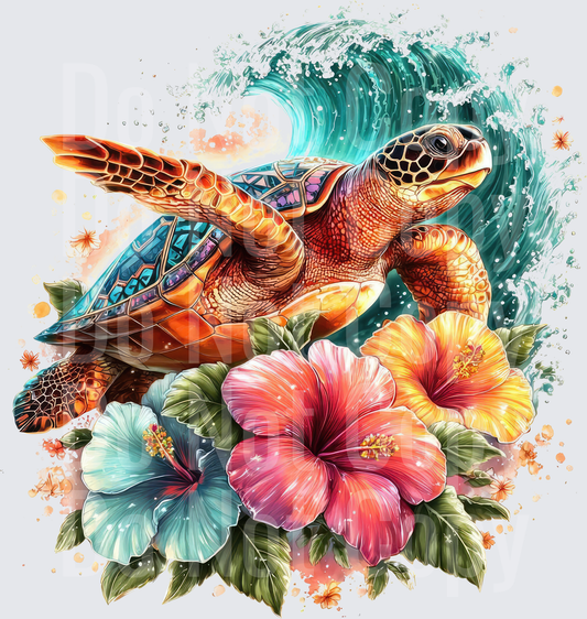 Sea Turtle Swimming Through Ocean Wave with Tropical Hibiscus Flowers ( DTF)