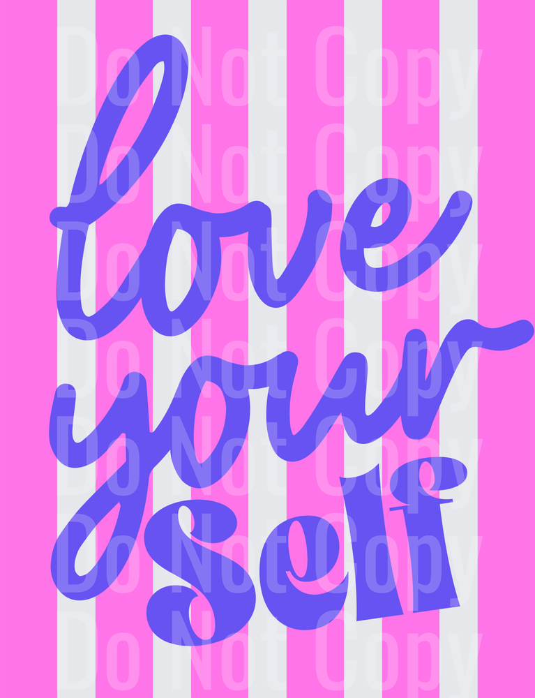 Love Yourself Purple Script on Pink and White Stripes (DTF)