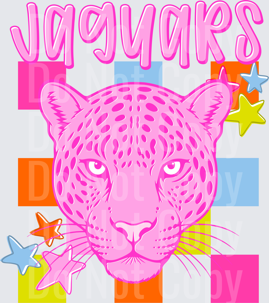 Pink Jaguars with Colorful Stars and Geometric Blocks (DTF)