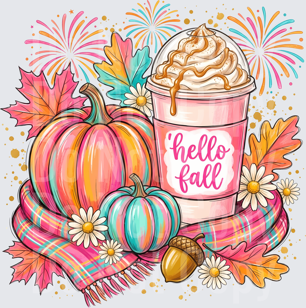 Hello Fall Pumpkin Latte Plaid Scarf Autumn Design (DTF)