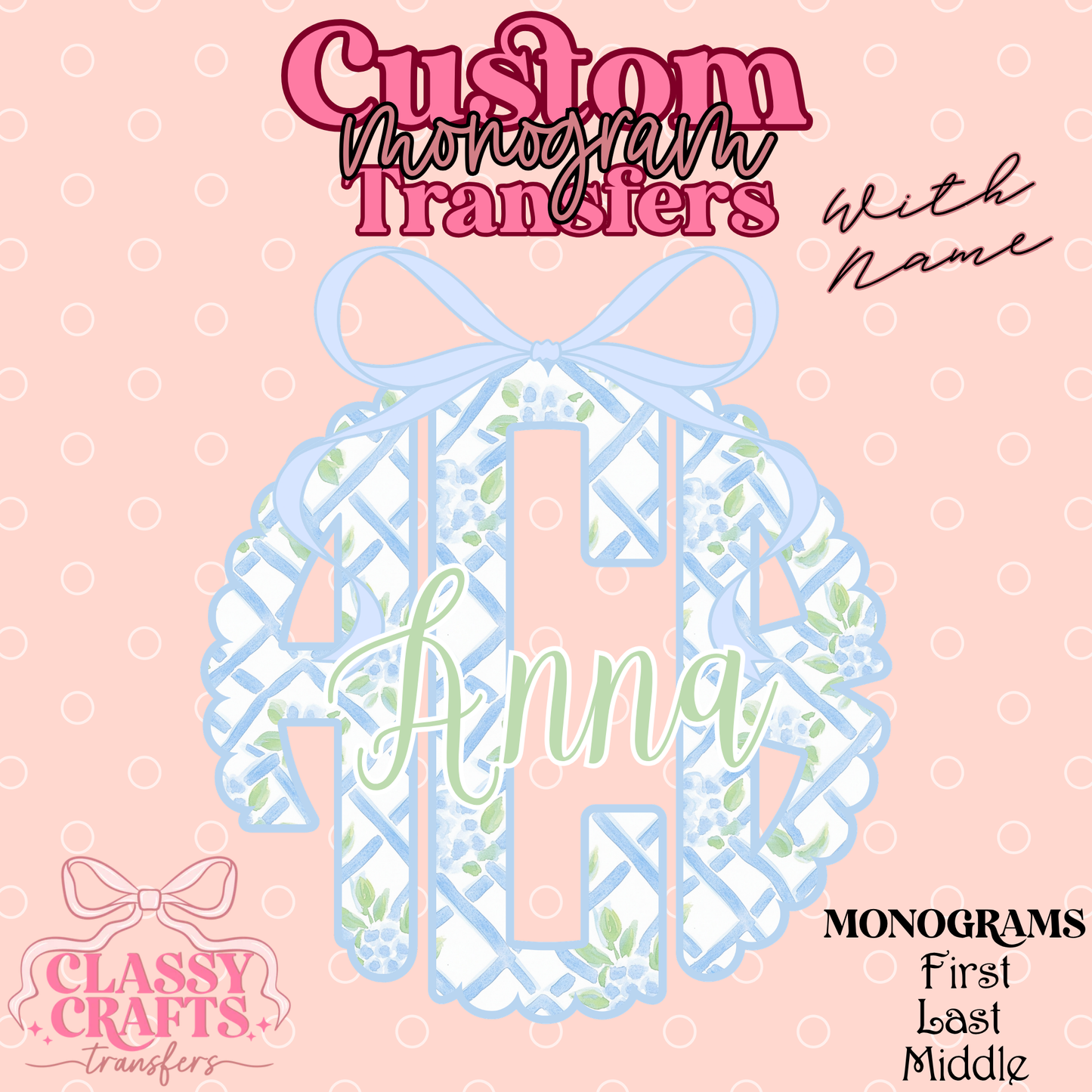 Blue Floral Trellis - Custom Monogram Transfer