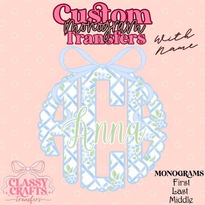Blue Floral Trellis - Custom Monogram Transfer